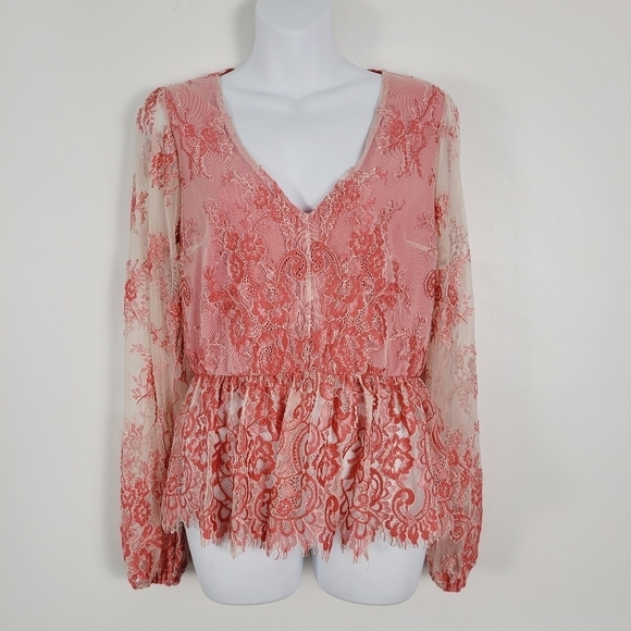Willow & Root Tops - Willow & Root Eyelash Embroidered Lace Sheer Back and Sleeve Blouse